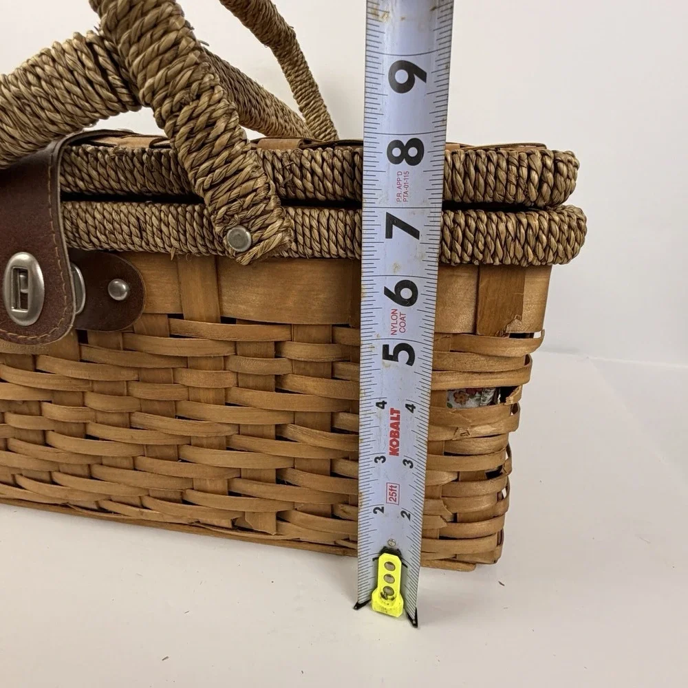 Vintage Woven Wicker Picnic Basket Floral Lined Cottagecore Boho Hamper